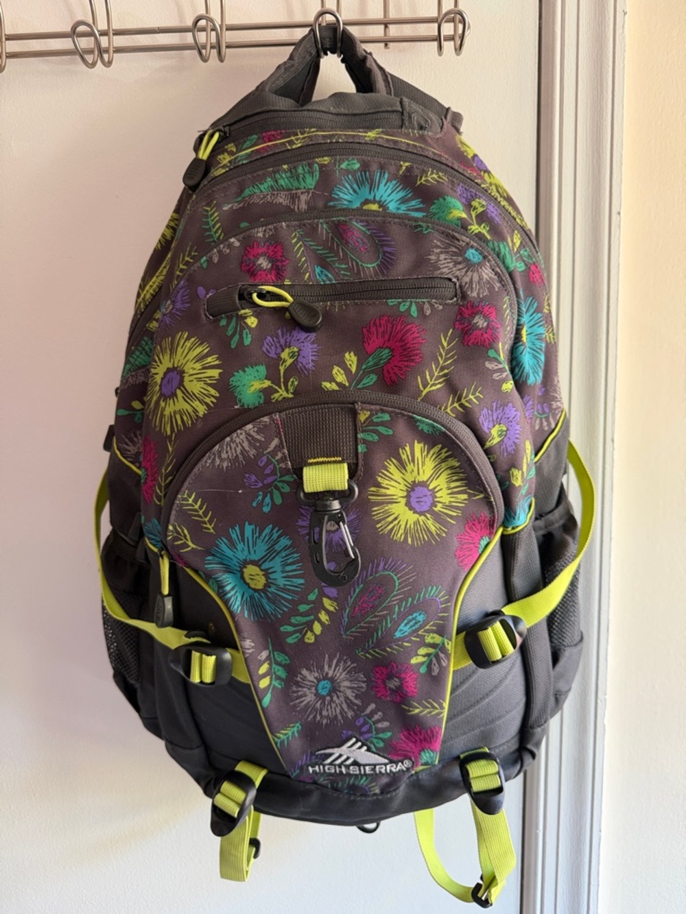 High Sierra Charcoal Backpack with Teal, Yellow, Purple & Magenta Floral Accents